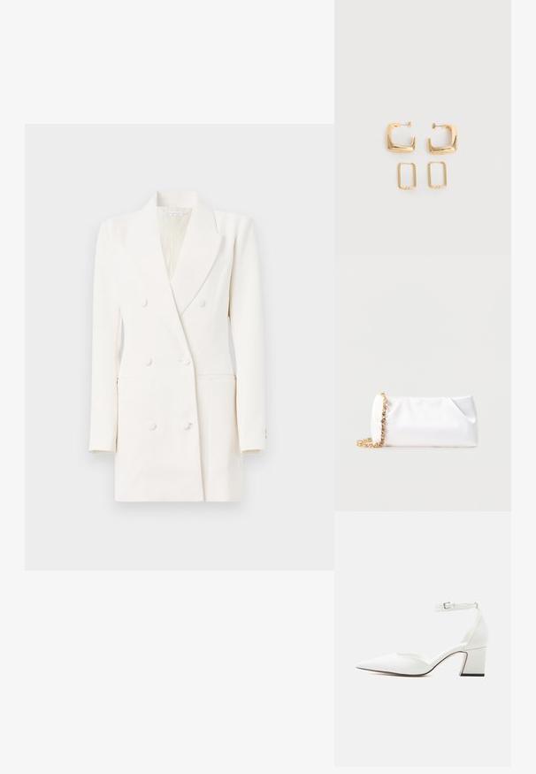 Good American LUXE SUITING EXEC DRESS - Cocktail φόρεμα / Φόρεμα για πάρτι - cloud white; Άσπρο παπούτσι με μυτερή μύτη και μεσαίο τακούνι, με λουράκι στον αστράγαλο και πόρπη, λεία υφή και χοντρό τακούνι, σε απλό ανοιχτό φόντο.; Λευκό μαλακό τσαντάκι χειρός με χρυσή αλυσίδα, διακοσμημένο με διαφανείς πολύτιμους λίθους, τοποθετημένο σε απλό ανοιχτό γκρι φόντο.; Δύο ζευγάρια χρυσούς γεωμετρικούς κρίκους σκουλαρίκια σε λευκή, απλή επιφάνεια, ένα ζευγάρι τετράγωνα και συμπαγή, ένα ζευγάρι ορθογώνια και κούφια.