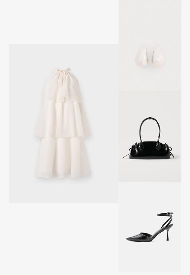 Valge kihiline kleit, millel on halter-kaelus, tehtud kerge kangaga, millel on voolav, õhuline tekstuur ja kolm eristuvat kihti.; Mustad terava otsaga kõrged kontsakingad peente pahkluu rihmade ja hõbedase pandlaga ühevärvilise heleda taustal.; Väike must läikiv käekott kahe pika sangaga ja külgedel paelakinnitustega, ühel lihtsal helel taustal.; Hõbeda metallist tilgakujulised ripatsid, millel on sile ja peegeldav pind, ning tilga kuju, millel on pidev disain ja ei ole nähtavaid kaunistusi.