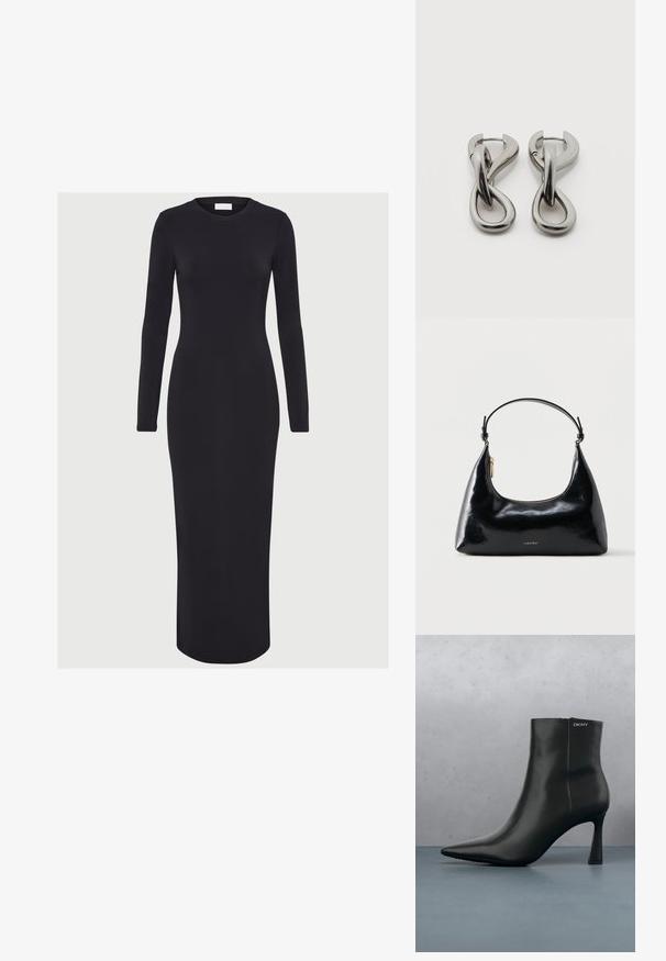 Schwarzes, langärmliges, figurbetontes Kleid aus dehnbarem Stoff mit runder Ausschnitt und gerader Silhouette, das bis zur Mitte der Waden reicht.; Schwarze Leder-Stiefelette mit spitzem Zehenbereich und einem geometrischen Absatz. Verfügt über dezente Branding-Elemente und eine glatte Textur. Der Hintergrund zeigt strukturierte Fliesen.; Schwarze, glänzende Calvin Klein Handtasche mit goldfarbenem Reißverschluss und kurzem Trageriemen vor schlichtem weißem Hintergrund.; Paar silberfarbene Metallohrringe mit abstraktem ineinandergreifendem Schlaufen-Design auf weißem Hintergrund.