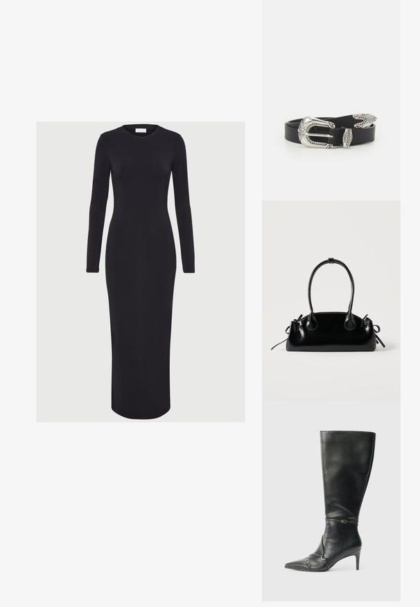 Vestido negro ajustado de manga larga, hecho de tejido elástico, con un escote redondo y una silueta recta, que llega hasta la mitad de la pantorrilla.; Botas negras de cuero hasta la rodilla con tacón delgado, punta afilada y detalles de diseño con correas en el tobillo. Textura suave y diseño ajustado.; Pequeño bolso negro brillante con dos asas largas y detalles de cordón lateral sobre un fondo claro liso.; Cinturón de cuero negro con una gran hebilla de metal plata que presenta un detallado intrincado y acentos decorativos en ambos extremos.
