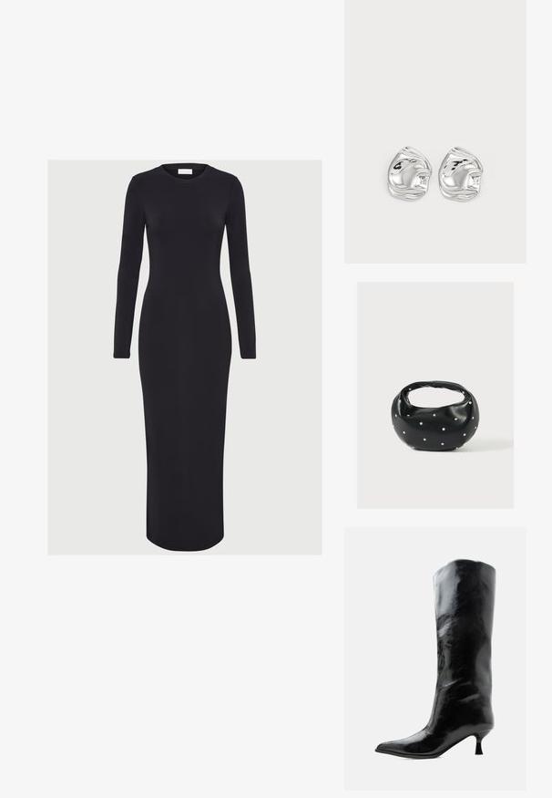 Vestido negro ajustado de manga larga, hecho de tejido elástico, con un escote redondo y una silueta recta, que llega hasta la mitad de la pantorrilla.; Bota negra de cuero brillante hasta la rodilla con punta puntiaguda y tacón bajo curvado sobre un fondo claro y liso.; Bolso de mano de cuero negro con forma redondeada, decorado con detalles de tachuelas plateadas y un asa corta. Textura lisa y cierre con cremallera.; Pendientes de studs en forma abstracta de plata con un acabado pulido, que presentan curvas suaves y contornos sutiles. Sin patrones o acentos visibles.