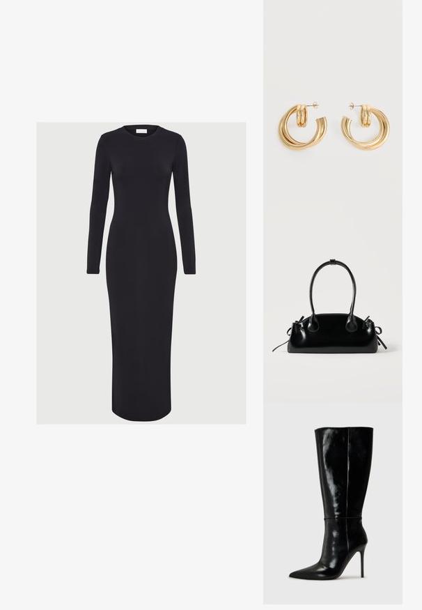 Vestido negro ajustado de manga larga, hecho de tejido elástico, con un escote redondo y una silueta recta, que llega hasta la mitad de la pantorrilla.; Botas de cuero negro hasta la rodilla con punta afilada y tacón alto de aguja. Textura suave y diseño elegante, con detalles mínimos.; Pequeño bolso negro brillante con dos asas largas y detalles de cordón lateral sobre un fondo claro liso.; Par de pendientes de aro doble brillante de oro con cierres de presión sobre un fondo blanco.