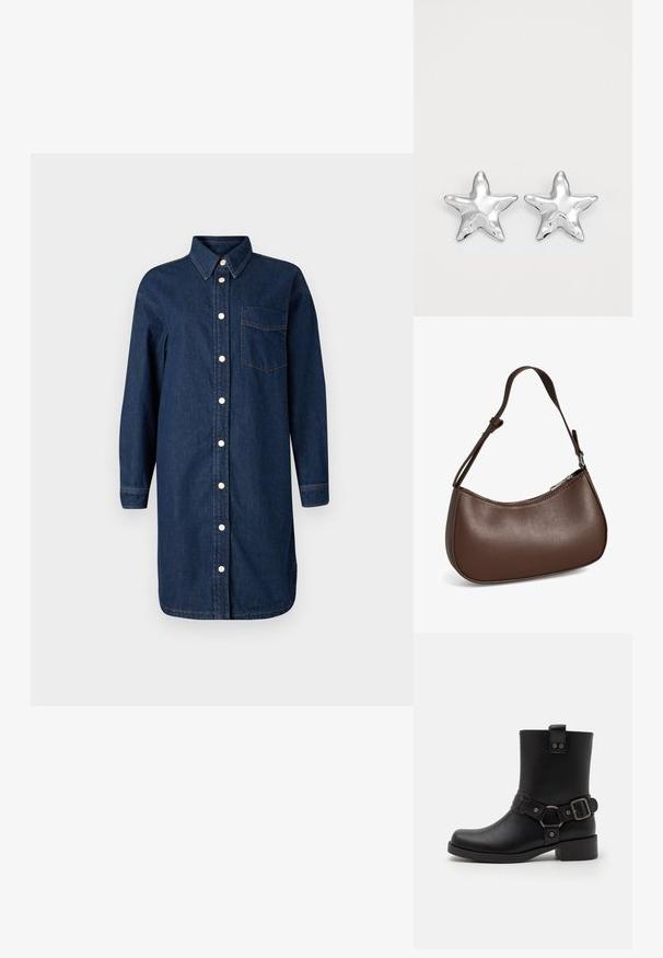 Denim skjortekjole i mørkeblå med knaplukning foran, krave, lange ærmer og en brystlomme. Har hvide knapper og kontraststing.; Sort læder ankelstøvle med firkantet tå, rund hæl, dekoreret strop og spænde detaljer samt metal accenter. Glat tekstur.; Lille brun skuldertaske i læder med justerbar rem og lynlåslukning, vist mod hvid baggrund. Ingen synligt branding eller dekorationer.; Sølvstjernede øreringe med en poleret, blank overflade. Hver ørering har fem spidser og subtile teksturdetaljer på overfladen.