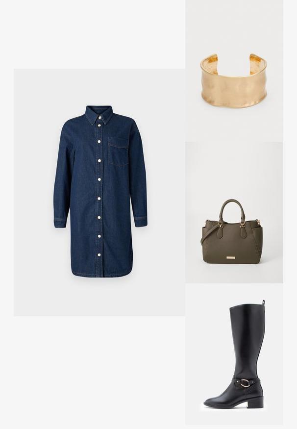 Denim skjortekjole i mørkeblå med knaplukning foran, krave, lange ærmer og en brystlomme. Har hvide knapper og kontraststing.; Sorte læderknæstøvler i højde til knæene med en buet top, fremhævet af et smalt bånd med en cirkulær guld hardwaredetalje og en blokhæl.; Olivengrøn struktureret håndtaske med dobbelte håndtag, aftagelig skulderrem, sidelommer og hardware i gyldent tone på hvid baggrund.; Guldtonet manchetarmbånd med en glat, bølget overflade, der har en tekstureret inderside og et åbent design, hvilket skaber en organisk form.