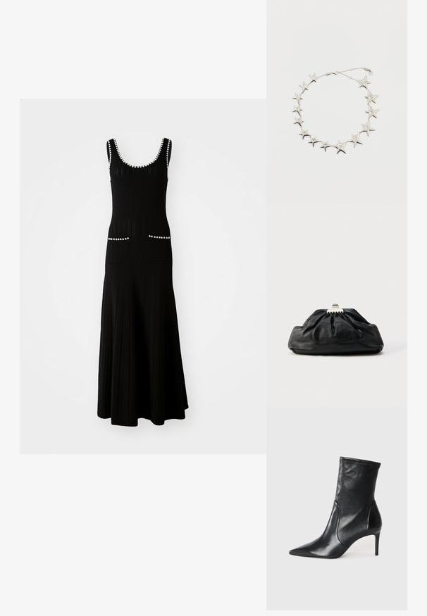 Robe en tricot noire avec un corsage ajusté et une jupe évasée. Comprend des accents en perles blanches le long de l'encolure et des poches. Tissu texturé.; Bottes noires à la cheville en cuir lisse, dotées d'un bout pointu, d'un tige ajustée et d'un talon haut fin. Design minimaliste sans quincaillerie visible.; Pochette en cuir noir avec une texture plissée, fermeture à fermoir métallique, et logo embossé discret sur le devant. Forme arrondie.; Collier en argent en forme d'étoile, composé de maillons d'étoiles de différentes tailles et avec un petit fermoir en homard, sur fond blanc.