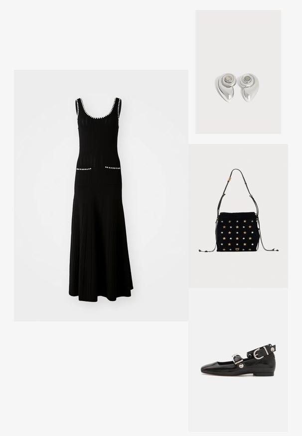 Robe en tricot noire avec un corsage ajusté et une jupe évasée. Comprend des accents en perles blanches le long de l'encolure et des poches. Tissu texturé.; Ballerine en cuir verni noir avec un bout carré, sangle de cheville avec des détails en métal argenté et semelle plate. Texture lisse avec un design minimaliste.; Sac d'épaule en daim noir décoré de clous étoiles dorés et argentés avec une bandoulière réglable ornée d'accents en métal doré.; Paire de boucles d’oreilles métalliques argentées brillantes avec un design en spirale et une pierre circulaire au centre sur un fond blanc uni.