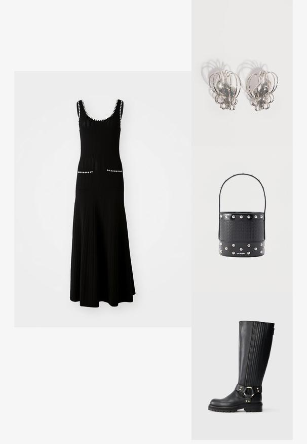 Robe en tricot noire avec un corsage ajusté et une jupe évasée. Comprend des accents en perles blanches le long de l'encolure et des poches. Tissu texturé.; Botte en cuir noire jusqu'au genou avec des côtes élastiques, semelle crantée, et bande décorative avec un anneau en métal doré et des rivets.; Sac seau noir à texture tissée, avec des clous argentés en accents et une poignée fine. Présente un logo sur le devant et un fond en cuir lisse.; Paire de boucles d'oreilles en métal argenté avec un design en cage à fil ouvert et des formes ovales centrales lisses projetant des ombres courbes sur un fond blanc.
