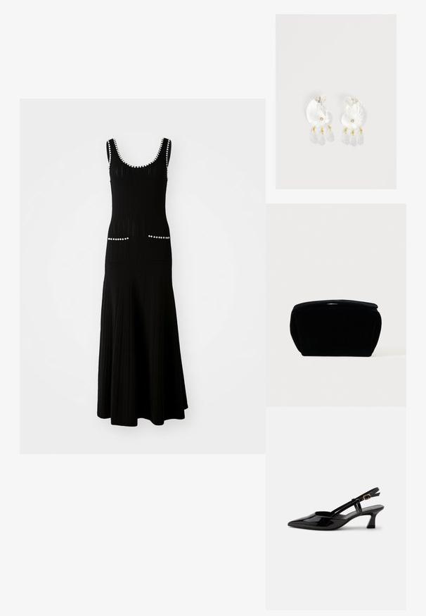 Robe en tricot noire avec un corsage ajusté et une jupe évasée. Comprend des accents en perles blanches le long de l'encolure et des poches. Tissu texturé.; Chaussure slingback en cuir verni noir à petit talon, bout pointu et bride réglable avec boucle dorée sur fond blanc.; Trousse de maquillage en velours noir avec une surface douce et texturée, un dessus arrondi et une fermeture éclair. Design compact, adapté à divers besoins de rangement.; Boucles d'oreilles en résine transparente en forme de coquillage avec de petits accents dorés et trois breloques translucides en forme de goutte pendantes sur chaque boucle d'oreille.