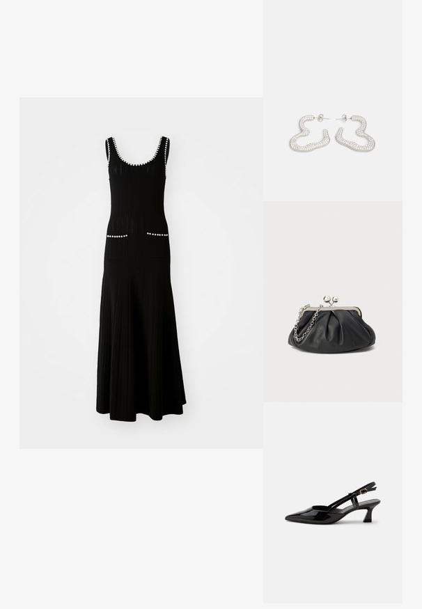Robe en tricot noire avec un corsage ajusté et une jupe évasée. Comprend des accents en perles blanches le long de l'encolure et des poches. Tissu texturé.; Chaussure slingback en cuir verni noir à petit talon, bout pointu et bride réglable avec boucle dorée sur fond blanc.; Porte-monnaie en cuir noir avec texture froncée, cadre en métal argenté, fermeture à verrouillage kiss-lock et bandoulière en chaîne. Surface lisse et douce.; Boucles d'oreilles en métal argenté au design abstrait et ondulé, ornées de petits cristaux scintillants. Fermeture arrière à clou sécurisée.