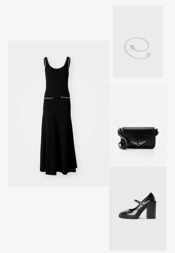 Robe en tricot noire avec un corsage ajusté et une jupe évasée. Comprend des accents en perles blanches le long de l'encolure et des poches. Tissu texturé.; Chaussure à talon haut en cuir verni noir avec un bout rond, une sangle de cheville, un détail de boucle en argent et un talon bloc épais.; Sac en cuir noir à bandoulière avec un design à rabat, présentant des accents d'aile en argent et une finition texturée. Sangle réglable incluse.; Bandeau flexible argenté pailleté avec des extrémités en forme de goutte, présenté sur un fond gris clair.