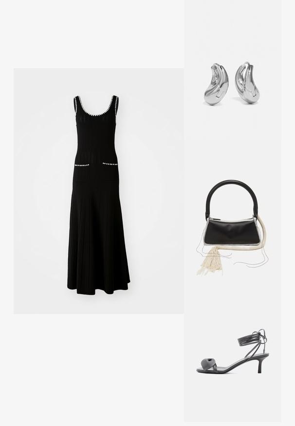 Robe en tricot noire avec un corsage ajusté et une jupe évasée. Comprend des accents en perles blanches le long de l'encolure et des poches. Tissu texturé.; Sandale à talon en cuir gris avec une bride nouée sur les orteils et des lacets enroulants autour de la cheville, sur un talon moyen et fin, sur fond blanc.; Sac en cuir noir avec une poignée arrondie, fermeture éclair en argent, bordure en fourrure blanche et un long gland crème attaché à l'avant.; Boucles d'oreilles en argent en forme de créoles avec une finition incurvée et brillante, et un design sans couture. Équipées d'une fermeture à charnière pour un port sécurisé.