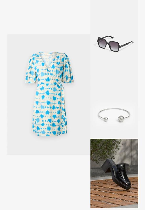 Vestido cruzado de manga corta en tejido crema con patrones de batik azul, con una cintura ajustada y falda acampanada, y un detalle de lazo en el costado.; Mule tipo slip-on de cuero negro de Calvin Klein con tacón de bloque descansando sobre baldosas de madera al aire libre cerca de una planta verde y una pared gris.; Gafas de sol hexagonales negras con lentes degradados, que presentan un acabado brillante y un sutil branding en la patilla. Construcción de plástico duradero.; Brazalete de metal plateado con dos acentos esféricos en cada extremo, superficie lisa, diseño abierto y forma elegante y minimalista.