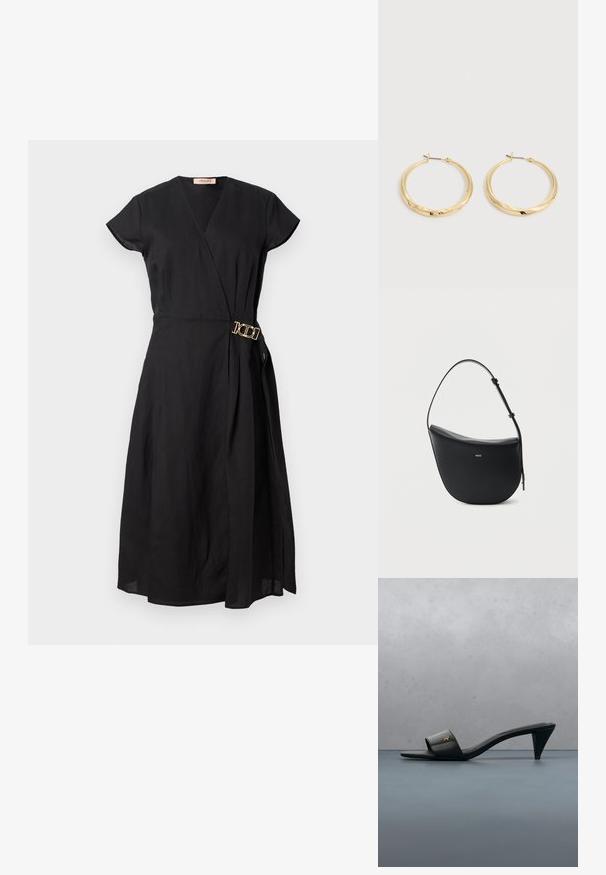Vestido negro envolvente con mangas cortas, que presenta un detalle de hebilla dorada en la cintura, confeccionado en una tela ligera con una textura suave.; Sandalia de tacón abierta de cuero negro con un logo dorado en la correa, flotando sobre una superficie exterior de baldosas con vegetación al fondo.; Bolso de hombro de cuero negro en forma de media luna, con correa ajustable y logo dorado "BOSS" centrado en el frente.; Par de pendientes de aro dorados pulidos con postes delgados y cierres con bisagra, exhibidos sobre un fondo liso gris claro.