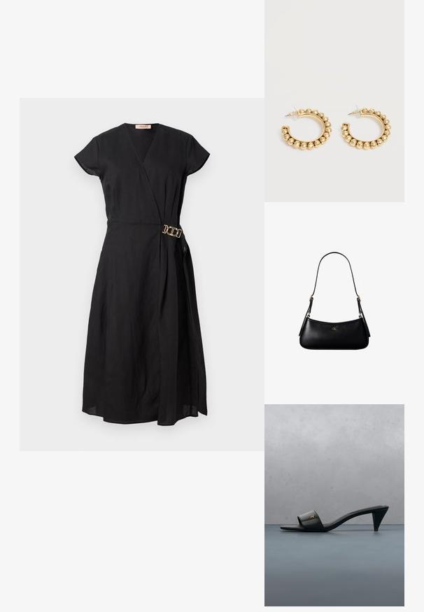 Schwarzes Wickelkleid mit kurzen Ärmeln, das mit einer goldenen Schnalle an der Taille versehen ist, aus leichtem Stoff mit einer glatten Textur.; Schwarze Leder-Sandalette mit offenem Zehenbereich und Absatz, mit goldenem Logo am Riemen, schwebt über einem gefliesten Außenbelag mit Grünpflanzen im Hintergrund.; Schwarze kleine Lederschultertasche mit dünnem Riemen und kleinem goldenem CK-Logo auf der Vorderseite in der Mitte.; Paar goldfarbene Creolen mit abgerundeten Perlendetails entlang des äußeren Randes auf hellem Hintergrund.