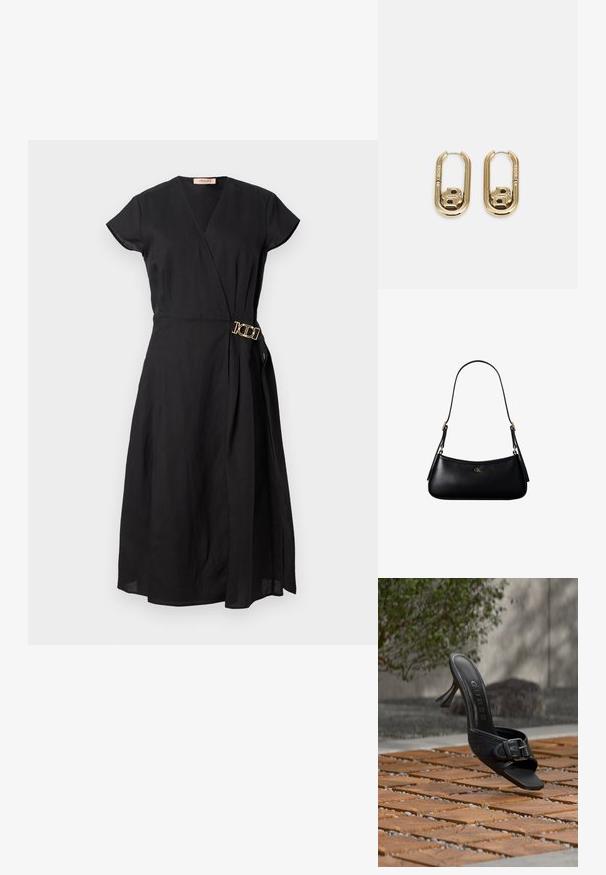 Vestido negro envolvente con mangas cortas, que presenta un detalle de hebilla dorada en la cintura, confeccionado en una tela ligera con una textura suave.; Mule negro de tacón alto con detalle de hebilla, logotipo "GUESS" en la plantilla, flotando sobre suelo de baldosas de madera al aire libre con fondo de vegetación desenfocado.; Mini bolso negro de cuero para hombro con correa delgada y pequeño logo dorado CK en el centro frontal.; BOSS DOUBLE B SWING - Pendientes - gold-coloured