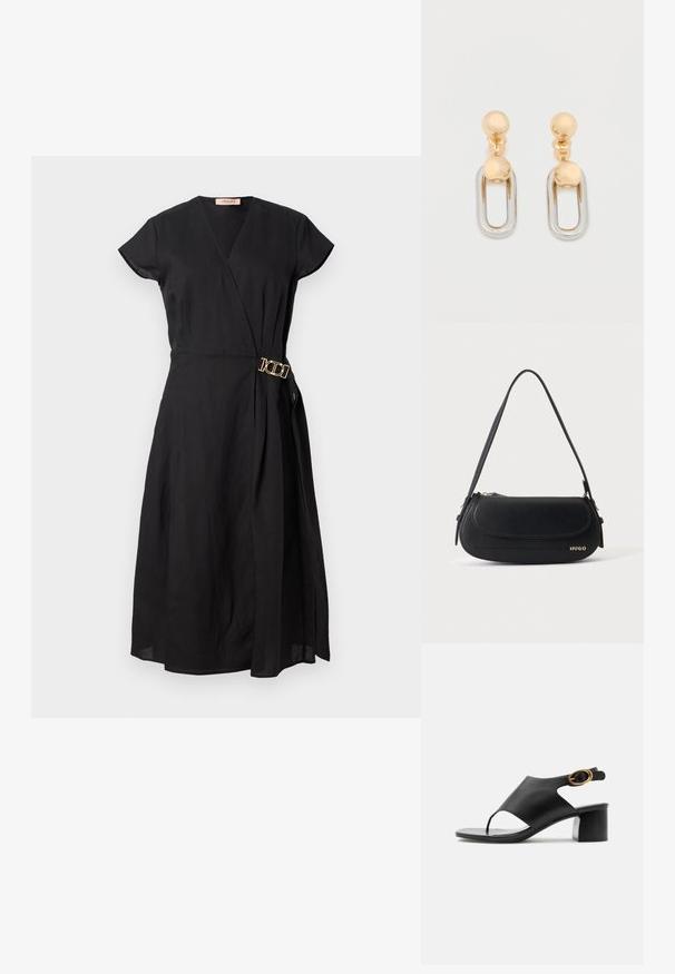 Zwarte wikkeljurk met korte mouwen, voorzien van een gouden gesp detail op de taille, gemaakt van lichtgewicht stof met een gladde textuur.; Zwarte leren dames slingback sandaal met open teen, gouden ovale gesp en blokhak op witte achtergrond.; Zwarte leren schoudertas met gebogen klep, gouden "HUGO" logo aan de voorkant en een enkele verstelbare riem.; Gouden en zilveren oorbellen met een bolvormige bovenzijde en een langwerpig, ovaalvormig hangend element met een glanzende afwerking.