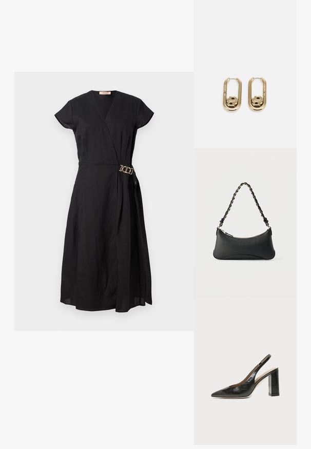 Schwarzes Wickelkleid mit kurzen Ärmeln, das mit einer goldenen Schnalle an der Taille versehen ist, aus leichtem Stoff mit einer glatten Textur.; Schwarzer Leder-Slingback-Schuh mit spitzer Kappe, hohem Blockabsatz und beigegefüttertem Innenraum vor hellem, einfarbigem Hintergrund.; Schwarze Lederschultertasche mit gewölbter rechteckiger Form, goldener Kette, die in den geflochtenen schwarzen Riemen eingewebt ist, und Reißverschlussverschluss oben.; BOSS DOUBLE B SWING - Ohrringe - gold-coloured