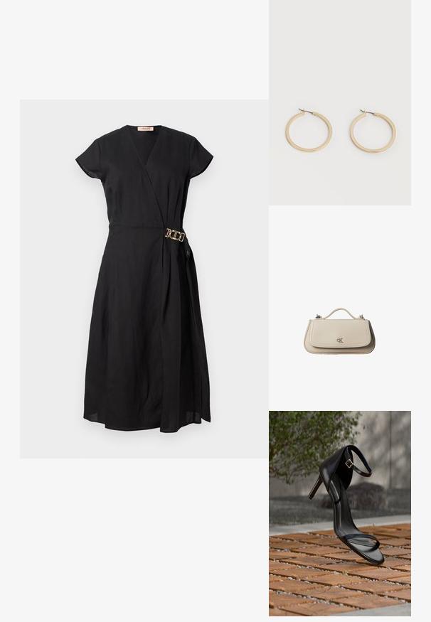 Schwarzes Wickelkleid mit kurzen Ärmeln, das mit einer goldenen Schnalle an der Taille versehen ist, aus leichtem Stoff mit einer glatten Textur.; Schwarze Sandalette mit hohem Absatz und Knöchelriemen schwebt über einem Holzboden im Freien vor verschwommenem Grün und Steinhintergrund.; Kleine beigefarbene Lederhandtasche mit oberem Griff und silbernem CK-Logo auf der Frontklappe, vor weißem Hintergrund dargestellt.; Paar mittelgroße, glatte Creolen in Goldton mit Scharnier-Verschlüssen auf einem einfarbigen hellen Hintergrund.
