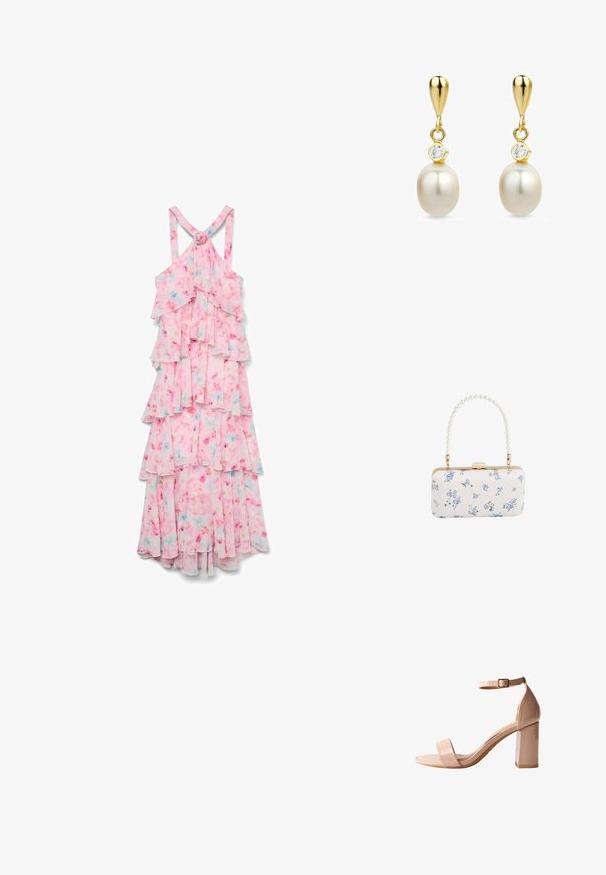 Vero Moda VMFELICIA SL RUFFLE MAXI DRESS EXP - Maxikjoler - pink tulle; Nude lakhelede hæl-sandal har en firkantet åben tå, ankelrem med spænde og en kraftig blokhæl for stabilitet.; Hvid rektangulær clutch med blåt blomsterprint og perlebehandlet håndtag med guldfarvet hardware og lås.; Guld dråbe øreringe med hvide perler og små klare ædelsten over hver perle, vist på en hvid baggrund.