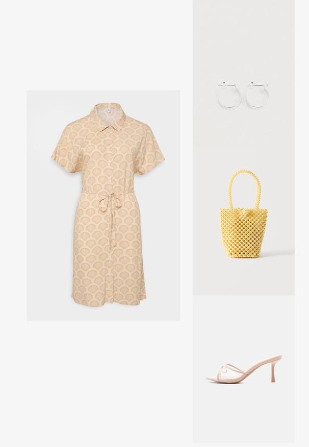 Beige lyhythihainen mekko, jossa on simpukkakuosi, napitettu etuosa ja sidottava vyötäröyksityiskohta. Kevyt kangas ja rento istuvuus.; Beige korkokengät, joissa on läpinäkyvät hihnat ja hienostunut nauha päällä, kuvattuna sivulta valkoisella taustalla.; Pieni ämpärimallinen käsilaukku, joka on valmistettu kiiltävistä kermanvärisistä helmistä, joissa on lenkkihelmahihna ja koristeellinen helmisolmulukko.; Hyalukorvakorut, joissa on kiillotettu pinta, yksinkertainen pyöreä muoto ja takalukko, joka varmistaa turvallisen käytön.