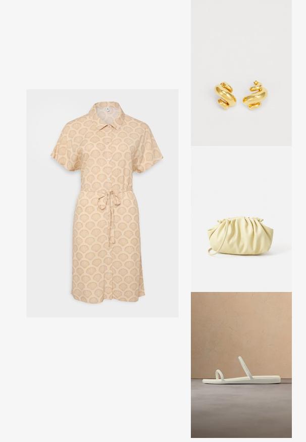 Beige lyhythihainen mekko, jossa on simpukkakuosi, napitettu etuosa ja sidottava vyötäröyksityiskohta. Kevyt kangas ja rento istuvuus.; Beige minimalistinen sandaali, jossa on kaksi ohutta nauhaa, sijoitettuna teksturoidun maton päälle. Taustalla on pyöreä puinen pöytä ja pinottuja kirjoja.; Keltainen pleidattu käsilaukku, joka on valmistettu sileästä keinonahasta. Laukussa on pehmeä muoto, yksittäinen olkahihna ja rypytetty yläosa.; Kultaiset spiraalirenkaat korvakorut, joissa on sileä, kiillotettu pinta, kaareva muotoilu ja paksu, kömpelö muoto, joka luo rohkean ilmeen.