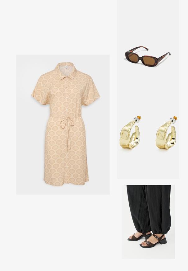 Beige korte mouwen shirtjurk met een schelpenpatroon, knoopsluiting aan de voorkant en een strikdetail in de taille. Lichtgewicht stof en losse pasvorm.; Voeten met bruine suède sandalen met blokhak en zilveren gespen, gecombineerd met losse zwarte omgeslagen broeken op een witte achtergrond.; Schildpad zonnebril met een rechthoekige vorm, bruine lenzen, een gladde kunststof montuur en dunne veren met subtiele tonale patronen.; Goudkleurige oorbellen in de vorm van abstracte handen, met een glanzend oppervlak, ingewikkelde details en een zilver- en goudkleurige post voor een veilige bevestiging.