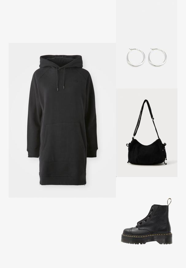 Schwarzes Kapuzenkleid mit Kängurutasche, gerippten Bündchen und verstellbaren Kordeln. Hergestellt aus weichem Stoff mit lockerer Passform.; Schwarze Leder-Ankle-Boots mit strukturierten Oberflächen, runder Zehenpartie, Schnürdesign, gelben Nähten und einer dicken, gerippten schwarzen Plateausohle.; Schwarze Cordtasche mit geschwungener Form, verstellbarem Schultergurt und Kordelzugverschlüssen an beiden Seiten zur Größenanpassung.; Silberne Creolen zeichnen sich durch ein glattes, rundes Design mit einem schlanken Profil und einem sicheren Verschluss aus. Minimalistischer Stil mit glänzender Oberfläche.