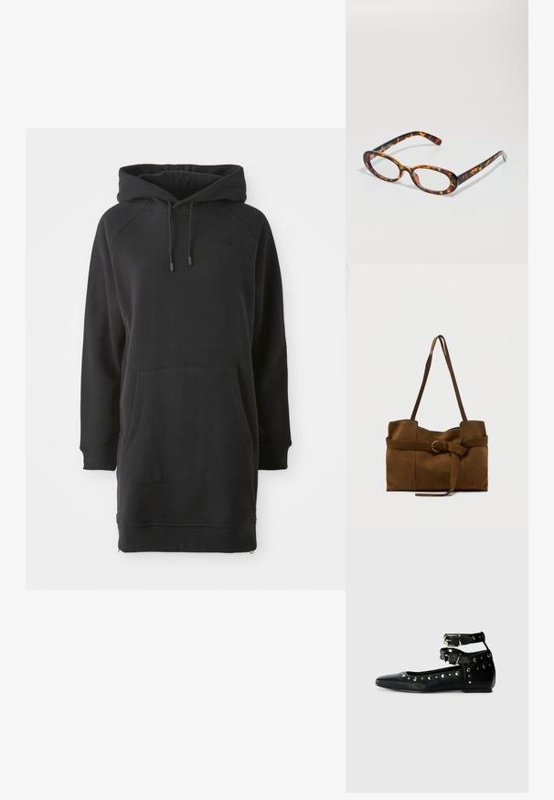 Schwarzes Kapuzenkleid mit Kängurutasche, gerippten Bündchen und verstellbaren Kordeln. Hergestellt aus weichem Stoff mit lockerer Passform.; Replay SABINE DOUBLE - Klassischer Ballerina - black; Schildpattbrille mit ovalen Gläsern, glänzender Oberfläche, schlanken Bügeln und subtilen Mustern, die an die Streifen eines Tigers erinnern.; Braune Wildleder-Umhängetasche mit langen Trägern und einem vorderen dekorativen Gürtel mit goldener Schnalle auf einfarbigem Hintergrund.