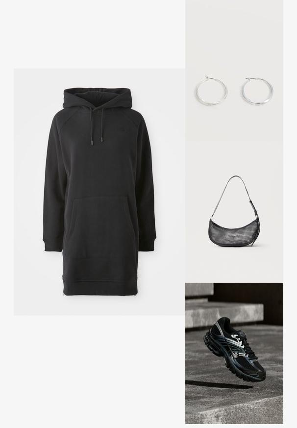 Schwarzes Kapuzenkleid mit Kängurutasche, gerippten Bündchen und verstellbaren Kordeln. Hergestellt aus weichem Stoff mit lockerer Passform.; Schwarzer und silberner Nike Laufschuh, der über Betontreppen schwebt und im Außenbereich detailliertes Design und strukturierte Sohle zeigt.; Kleine schwarze Netz-Schultertasche in Halbmondform mit verstellbarem dünnem Riemen vor schlichtem, hellem Hintergrund.; Silberne Metallcreolen mit glatter, leicht gebogener Oberfläche und Klappverschluss vor schlicht weißem Hintergrund.