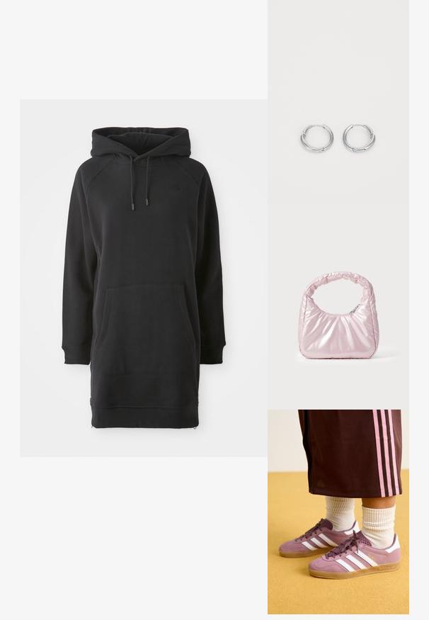 Zwarte hoodie jurk met een kangoeroezak, geribde manchetten en verstelbare veters. Gemaakt van zachte stof met een ontspannen pasvorm.; Paarse suede sneakers met witte strepen, rubberen zool en gestructureerde accenten, gecombineerd met geribbelde witte sokken en een bruine trainingsbroek met roze strepen.; Roze, gevoerde handtas met een afgeronde vorm, gemaakt van glanzend materiaal. Beschikt over een geplooide handgreep en een ritssluiting voor veilige toegang.; Zilveren creolen met een gladde, gepolijste afwerking. Cirkelvormig met een klein sluitdetails voor de sluiting. Minimalistisch ontwerp, licht van gewicht.