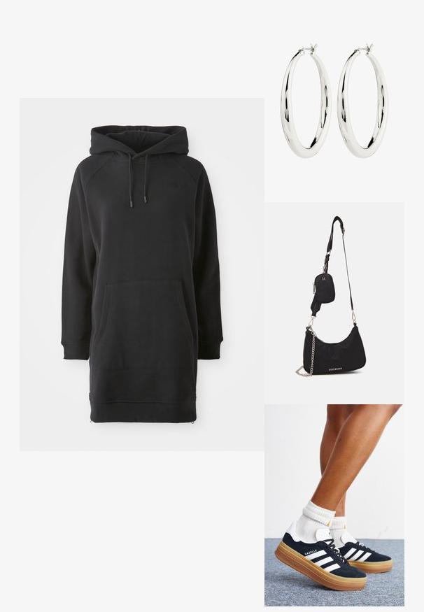 Schwarzes Kapuzenkleid mit Kängurutasche, gerippten Bündchen und verstellbaren Kordeln. Hergestellt aus weichem Stoff mit lockerer Passform.; Beine mit weißen Socken und schwarzen Adidas Gazelle Sneakers mit weißen Streifen und dicken braunen Sohlen auf einem grauen Teppichboden.; Schwarze Nylon-Umhängetasche mit geschwungener Form, silbernem Kettenakzent, abnehmbarem Mini-Pouch und verstellbarem Trageriemen; mit "Steve Madden"-Logo.; Silberne Creolen mit einer glatten, reflektierenden Oberfläche. Runde, große Form mit einem sicheren Verschluss an der Oberseite. Polierte Oberfläche betont den Glanz.