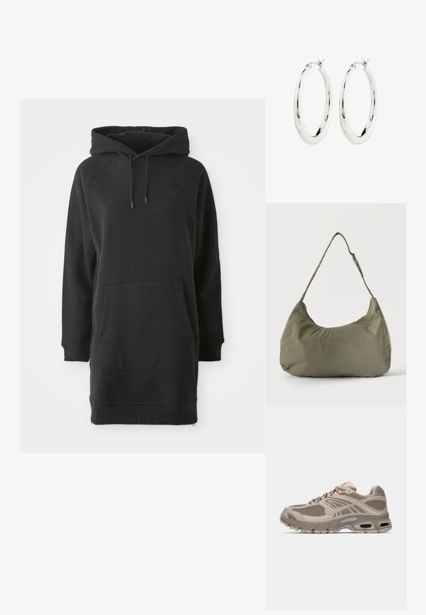 Schwarzes Kapuzenkleid mit Kängurutasche, gerippten Bündchen und verstellbaren Kordeln. Hergestellt aus weichem Stoff mit lockerer Passform.; Beige Sportschuh mit Mesh-Obermaterial, geformten Akzenten, runder Zehenpartie und sichtbarer Luftpolsterung in der Sohle. Schnürsenkel in neutralem Farbton.; Olivgrüne weiche Stoff-Schultertasche mit Reißverschluss und verstellbarem Tragegurt vor einfarbig hellem Hintergrund.; Silberne Creolen mit einer glatten, glänzenden Oberfläche. Kreisform, ausgestattet mit einem sicheren Verschluss. Einfaches und elegantes Design.
