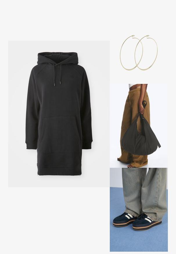 Zwarte hoodie jurk met een kangoeroezak, geribde manchetten en verstelbare veters. Gemaakt van zachte stof met een ontspannen pasvorm.; Donkerblauwe suède platform sneakers met witte strepen en zwarte veters. Voorzien van een dikke bruine rubberen zool. Gecombineerd met lichtblauwe denim broek.; Persoon met bruine wijde broek en wit topje houdt een grote zwarte zachte handtas aan het hengsel bij hun zijde vast.; Pilgrim Oorbellen - gold-coloured