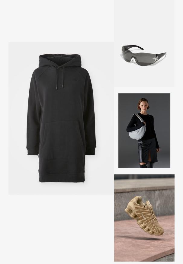 Zwarte hoodie jurk met een kangoeroezak, geribde manchetten en verstelbare veters. Gemaakt van zachte stof met een ontspannen pasvorm.; Beige sportieve schoen met een mesh bovenwerk en gestructureerde ondersteuning, voorzien van een geveerd zool met zichtbare luchtkussens en een textuurdetail.; Zwarte zonnebril met een wrap-around ontwerp, donkergetinte glazen, glanzende stervormige accenten en verstelbare neussteunen.; Hobo tas in lichtgrijs, van zacht materiaal, met een ronde vorm. Gestyled met een zwart langemouwen top en een zwarte leren rok met een split aan de voorkant.