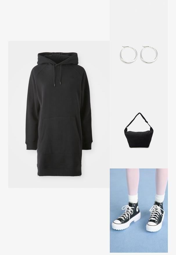 Zwarte hoodie jurk met een kangoeroezak, geribde manchetten en verstelbare veters. Gemaakt van zachte stof met een ontspannen pasvorm.; Zwarte hoge sneakers met witte zolen en veters, met een circulair logo op de zijkant en contrasterende zwarte stiksels. Bovenwerk van gestructureerde stof.; Zwarte stoffen schoudertas met een zachte, gestructureerde oppervlakte, ronde vorm en een enkele strap. Minimalistisch ontwerp zonder zichtbare hardware of accenten.; Zilveren hoop oorbellen hebben een glad, rond ontwerp met een dun profiel en een veilige sluiting. Minimalistische stijl met een gepolijste afwerking.