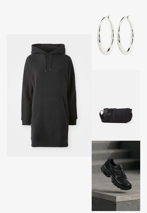 Schwarzes Kapuzenkleid mit Kängurutasche, gerippten Bündchen und verstellbaren Kordeln. Hergestellt aus weichem Stoff mit lockerer Passform.; Schwarzer Nike Laufschuh mit Mesh- und Synthetik-Obermaterial, der über einer Betonfläche und Treppen im Hintergrund schwebt.; Schwarze, gepolsterte Tasche in zylindrischer Form, aus weichem Material gefertigt. Mit einem schwarzen Tragegurt und silberner Hardware ausgestattet. Mit Reißverschlussverschluss.; Silberne Creolen mit einer glatten, reflektierenden Oberfläche. Runde, große Form mit einem sicheren Verschluss an der Oberseite. Polierte Oberfläche betont den Glanz.