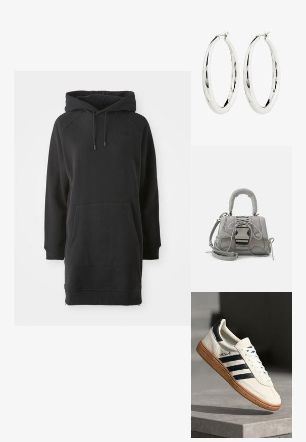 Zwarte hoodie jurk met een kangoeroezak, geribde manchetten en verstelbare veters. Gemaakt van zachte stof met een ontspannen pasvorm.; Witte suède sneakers met marineblauwe strepen, rubberen gumzool, gestructureerde bovenkant, ronde neus en veters; heeft branding aan de zijkant en op de tong.; Grijze handtas met textuur, voorzien van een gevoerde handgreep, gaasaccenten, verstelbare schouderband en een sluiting aan de voorkant. Compact ontwerp met een ronde vorm.; Zilveren creool oorbellen met een gladde, reflecterende oppervlak. Ronde, grote vorm met een veilige sluiting aan de bovenkant. Gepolijste afwerking toont de glans.