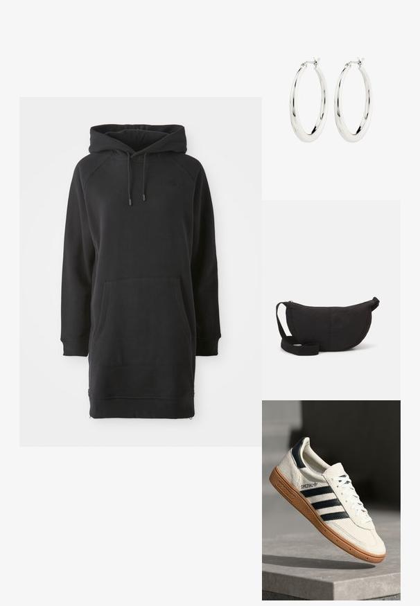 Schwarzes Kapuzenkleid mit Kängurutasche, gerippten Bündchen und verstellbaren Kordeln. Hergestellt aus weichem Stoff mit lockerer Passform.; Weiße Wildleder-Sneaker mit marineblauen Streifen, Gummisohle, strukturiertem Obermaterial, runder Zehenform und Schnürung; mit Branding an der Seite und auf der Zunge.; Schwarze Schultertasche mit einer abgerundeten Silhouette. Hergestellt aus strukturiertem Stoff, ausgestattet mit einem Reißverschluss und einem geflochtenen Schulterriemen. Schlichtes, minimalistisches Design.; Silberne Creolen mit einer glatten, glänzenden Oberfläche. Kreisform, ausgestattet mit einem sicheren Verschluss. Einfaches und elegantes Design.