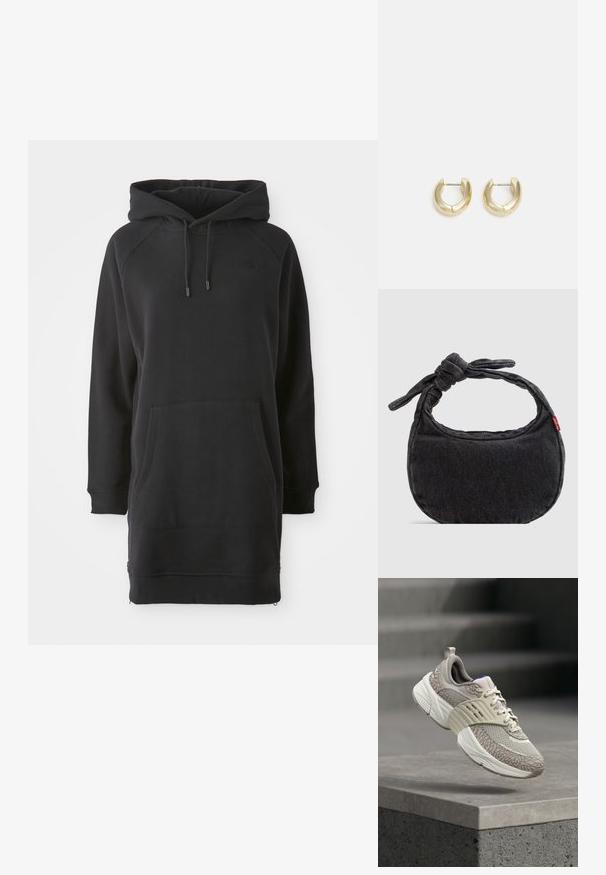 Schwarzes Kapuzenkleid mit Kängurutasche, gerippten Bündchen und verstellbaren Kordeln. Hergestellt aus weichem Stoff mit lockerer Passform.; Hellgrauer und beiger Sneaker mit strukturiertem Mesh und gemusterten Overlays, in der Luft über einem Betonsims mit verschwommenen Stufen im Hintergrund.; Kleine schwarze Jeans-Umhängetasche mit geknotetem Riemen und Reißverschluss, mit einem roten Levi's Stoffetikett an der Seite.; Goldfarbene Creolen mit einer glatten, polierten Oberfläche. Sie haben eine halbkreisförmige Form und einen sicheren Stiftverschluss.