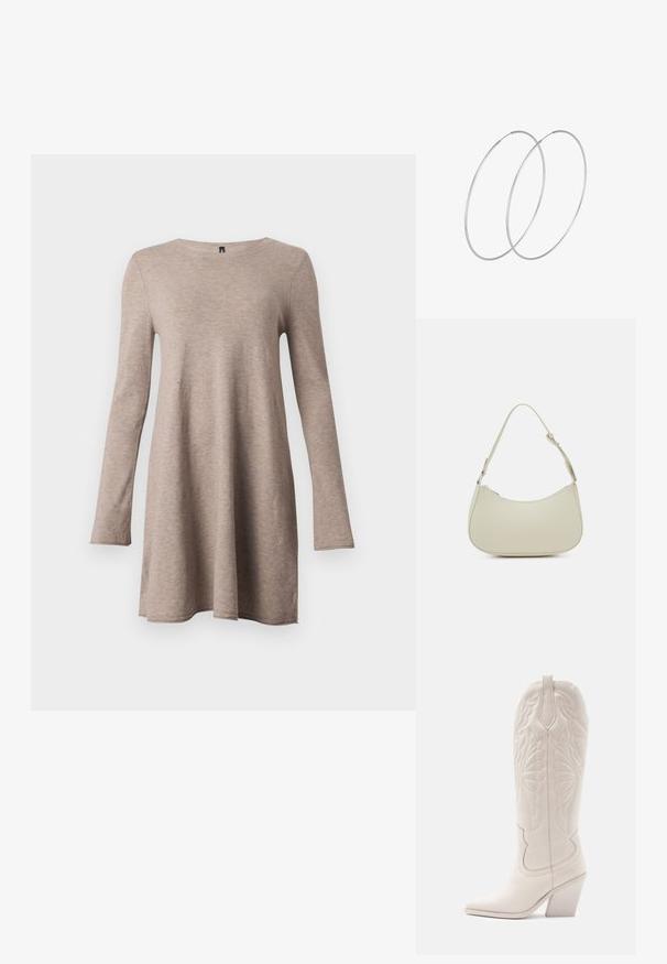 Lange mouwen, A-lijn jurk in beige, gemaakt van zachte stof met een ronde halslijn. Heeft een comfortabele pasvorm en taps toelopende mouwen.; Witte leren cowboylaars met een spitse neus en een vierkante hak. Heeft ingewikkelde stikpatronen op de schacht en een soepele textuur.; Pieces PCALUANA SHOULDER BAG - Handtas - birch; Zilveren hoepel oorbellen met een minimalistisch ontwerp. Cirkelvormig, gladde textuur en dun profiel. Lichtgewicht met een gepolijste afwerking.