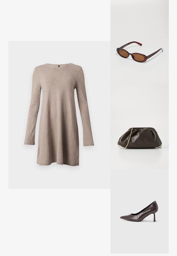 Vestido de manga larga, en línea A, de color beige, fabricado en un tejido suave con escote redondo. Presenta un corte holgado y mangas ajustadas.; Tacones puntiagudos de cuero sintético marrón con textura de cocodrilo, con un tacón delgado y angular y un forro interior suave.; Gafas de sol redondas con tinte marrón y un marco burdeos brillante. Patillas delgadas con un sutil detalle de marca. Diseño de lentes planos.; Bolso de mano de cuero marrón con un diseño fruncido, correa de cadena dorada y un acabado suave y texturizado. Forma compacta adecuada para uso nocturno.