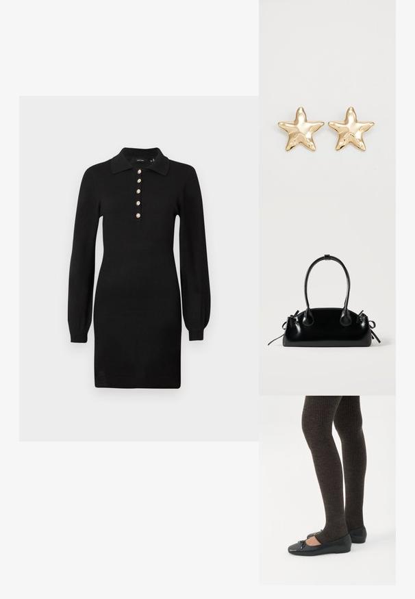Robe en tricot noir avec des manches longues, un col et cinq accents de boutons dorés le long du devant. Coupe ajustée avec une texture lisse.; Jambes portant des leggings côtelés foncés associés à des ballerines noires avec de petits détails en nœud sur fond blanc.; Petit sac à main noir brillant avec deux longues anses et des détails à cordon sur les côtés sur un fond clair uni.; Boucles d'oreilles en forme d'étoile dorée avec une finition lisse et brillante et un design tridimensionnel, comportant cinq pointes et une texture légèrement incurvée.