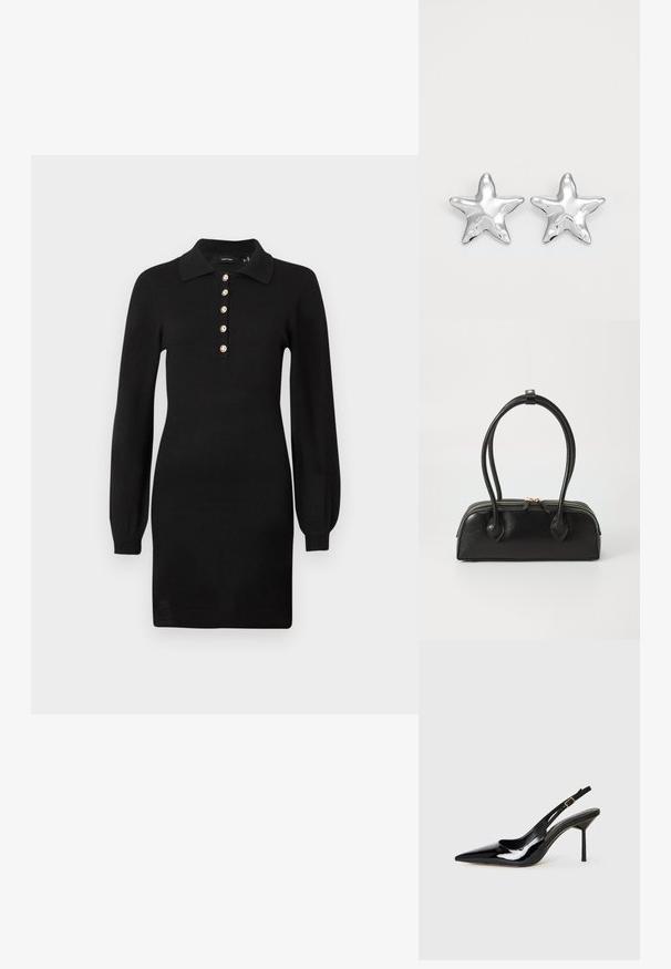 Sort strikket kjole med lange ærmer, krave og fem guldknapdetaljer foran. Slim fit med en glat tekstur.; Sorte patentlæder spidse tå slingback stiletto hæl sko med en tynd rem og guld spænde på en hvid baggrund.; Sort læder håndtaske med to langstrakte håndtag, lynlåslukning og afrundet form; glat tekstur med en subtil blank finish.; Sølvstjernede øreringe med en poleret, blank overflade. Hver ørering har fem spidser og subtile teksturdetaljer på overfladen.