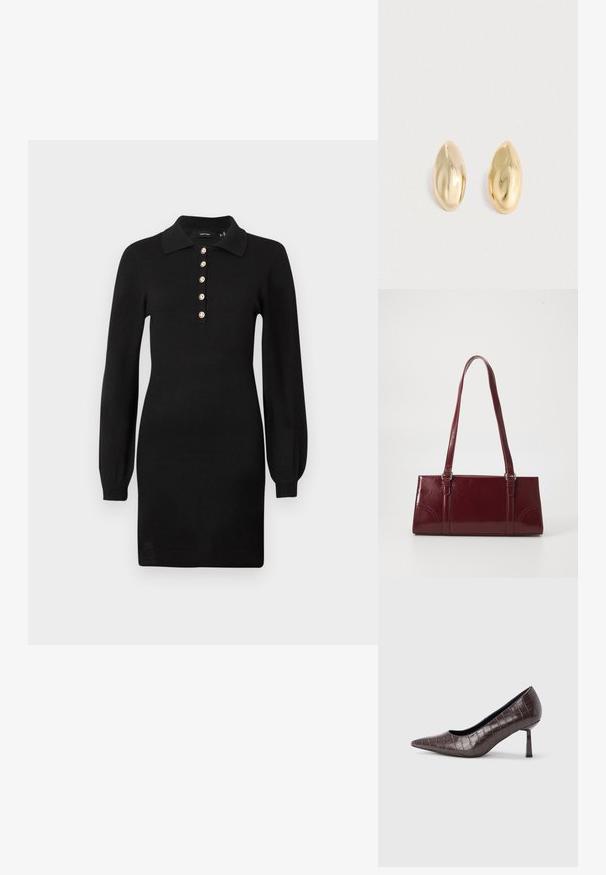 Robe en tricot noir avec des manches longues, un col et cinq accents de boutons dorés le long du devant. Coupe ajustée avec une texture lisse.; Escarpins à bout pointu en similicuir marron avec une texture crocodile, dotés d’un talon fin et angulaire ainsi que d’une doublure intérieure lisse.; Sac à main bordeaux en matériau brillant, de forme rectangulaire, avec deux anses et des accents légèrement courbés à l'avant.; Une paire de boucles d'oreilles en or, brillantes, lisses, en forme d'ovales irréguliers, posées sur une surface claire.