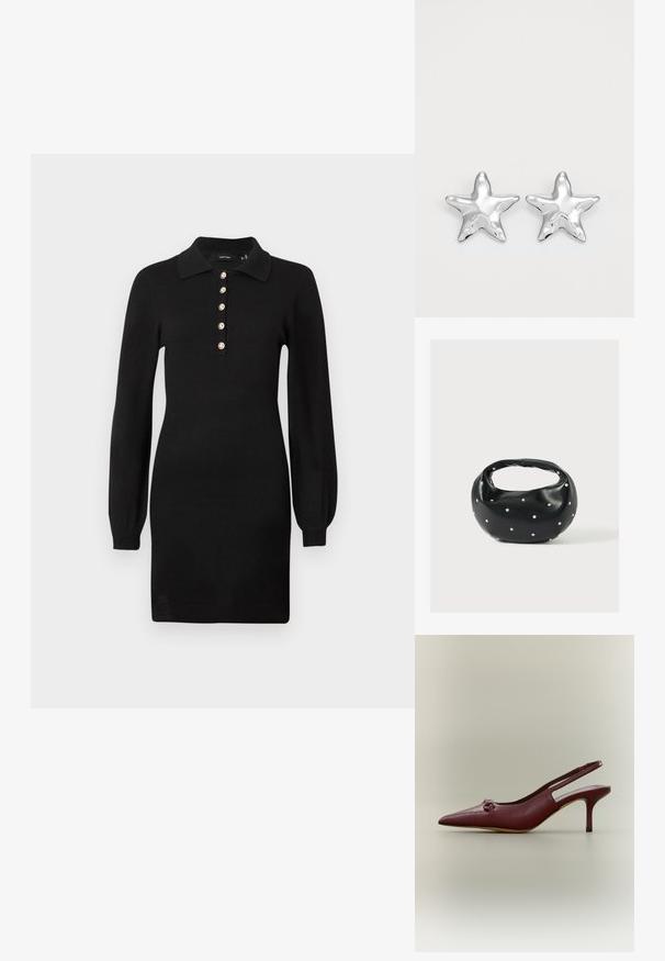 Robe en tricot noir avec des manches longues, un col et cinq accents de boutons dorés le long du devant. Coupe ajustée avec une texture lisse.; Chaussure à talon haut slingback en cuir rouge foncé avec bout pointu et petit nœud décoratif à l'avant, vue de profil sur fond neutre.; Sac à main en cuir noir de forme arrondie, décoré de clous argentés et équipé d'une poignée courte. Texture lisse et fermeture éclair.; Boucles d'oreilles argentées en forme d'étoile, avec une surface lisse et brillante. Chaque boucle d'oreille possède cinq pointes et des détails subtils de texture de surface.