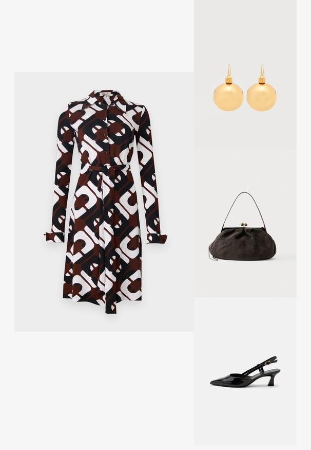 Ruskea, musta ja valkoinen kuviollinen mekko pitkillä hihoilla, kauluksella, vyöllä ja napituksilla. Valmistettu sileästä kankaasta ja siinä on geometrinen kuvio.; Musta patenttinen nahka slingback-kengänpohja terävällä kärjellä ja säädettävällä kultaisella solkisella remmillä valkoisella taustalla.; Pieni tummanruskea kohokuvioitu käsilaukku, jossa on lyhyt hihna, metallikehys ja lukko, lepää yksinkertaisella vaalealla taustalla.; Pari kiiltäviä kullanvärisiä joulupallokorvakoruja, joissa on koukkukiinnitys, yksinkertaisella valkoisella taustalla.