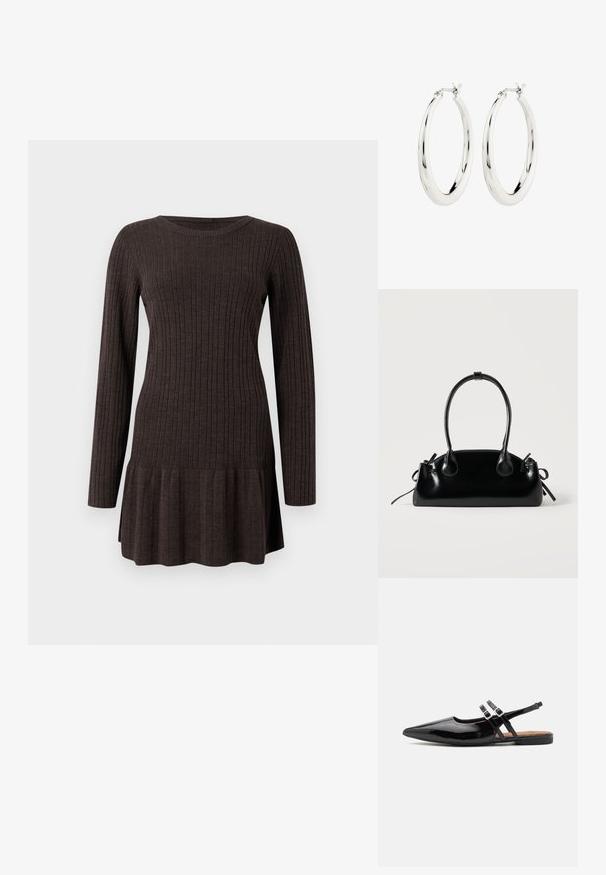 Geribbeld bruin jurk met lange mouwen, voorzien van een uitlopende zoom. Gemaakt van een zachte, gestructureerde stof, die een getailleerde look biedt.; Zwarte gepatineerde leren slingback schoenen hebben een spitse neus, twee banden met gespsieraden en een platte zool.; Kleine zwarte glanzende handtas met twee lange hengsels en zijkant trekkoord details op een effen lichte achtergrond.; Zilveren oorbellen in de vorm van een gladde, glanzende ring. Circulaire vorm, voorzien van een veilige sluiting. Eenvoudig en elegant ontwerp.