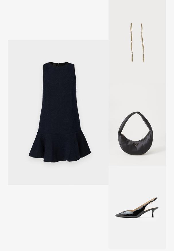 Marineblå kjole lavet af struktureret stof med ærmeløs design, rund hals og en udvidet nederkant. Lynlås bagpå.; Sort patentlæder slingback hæl med spids tå, lille kitten hæl og sølvspænde på en ensartet hvid baggrund.; Sort satin håndtaske med en buet form, der har en lynlåslukning og et trekantet logo i metal på forsiden. Glat tekstur og slankt design.; Lange guldøreringe bestående af fire forlængede sammenkædede buede stænger på en hvid baggrund.