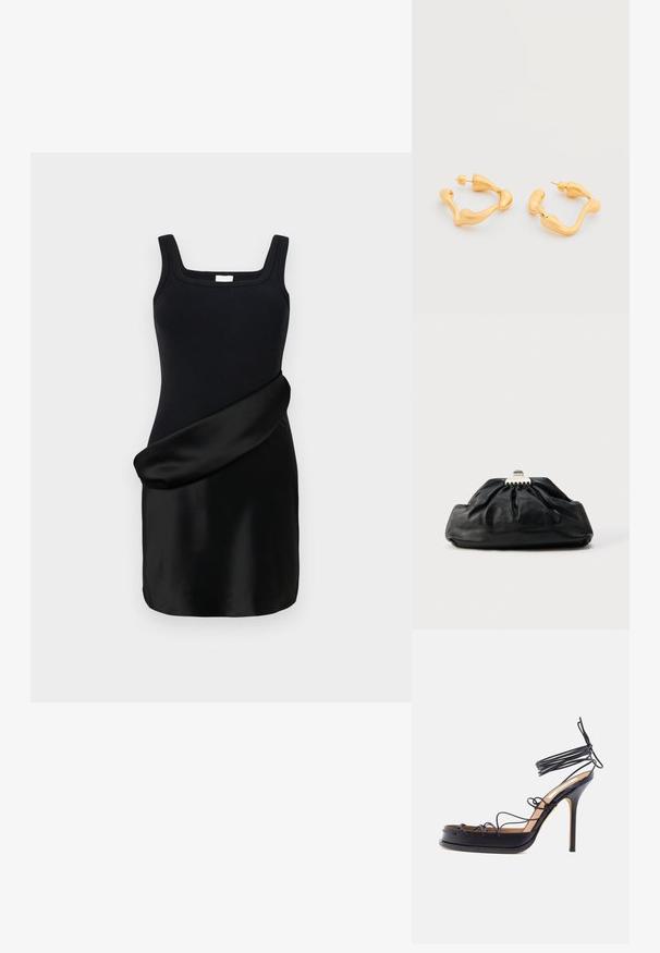 Sort kjole med en ribbet tanktop med firkantet udskæring og en glat, draperet satin skørt. Designet kombinerer kontrasterende teksturer.; Sort højt hælede sandal med tynde læderremme, der vikles omkring foden og anklen, med en spids stilethælhæl.; Sort læderclutch med en samlet tekstur, metal lukning og diskret præget logo på forsiden. Rundet form.; Øreringe i guldfarvet abstrakt skulpturel bøjle med uregelmæssige afrundede former og bagpå lukninger på hvid baggrund.