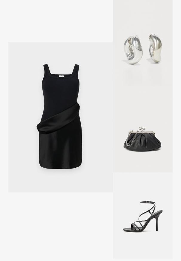 Zwarte jurk met een geribd tanktop met vierkante halslijn en een gladde, gedrapeerde satijnen rok. Het ontwerp combineert contrasterende texturen.; Zwarte hoge hakken sandaal met dunne banden, een enkelgesp, een gladleren oppervlak en een slanke stilettohak.; Zwarte leren clutch met geplooide textuur, zilverkleurig metalen frame, drukknopsluiting en kettingriem. Glad, zacht oppervlak.; Zilveren sculpturale oorbellen met gladde, gebogen vormen en reflecterende oppervlakken. Voorzien van een gesloten hoepelontwerp en een onderscheidende organische vorm.
